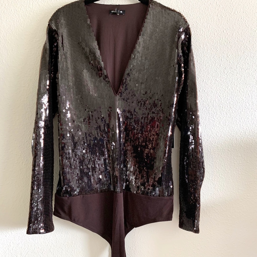Express NWT Dark Brown Sequin Long Sleeve Bodysuit A12